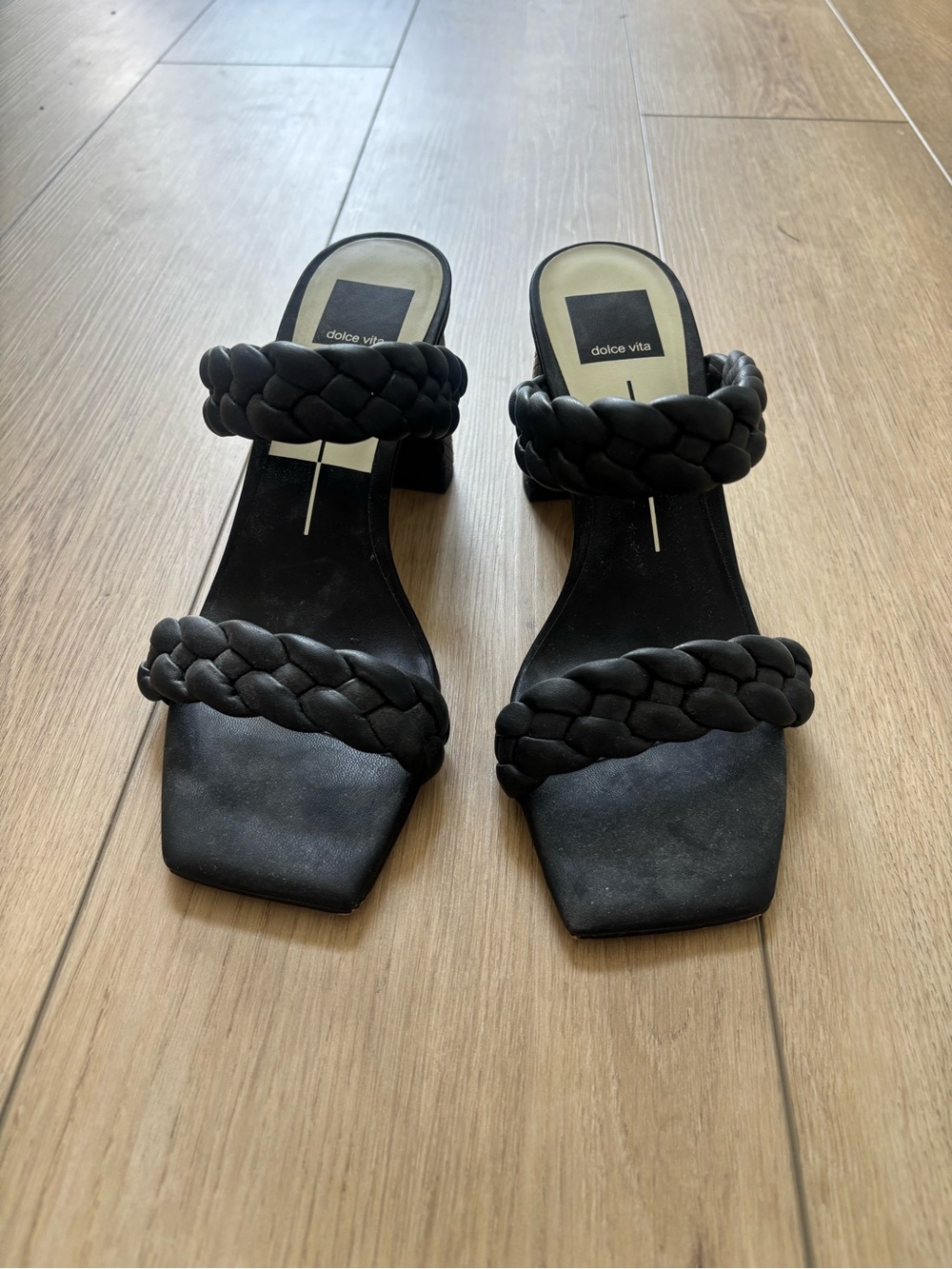 Dolce Vita Pailey Black Braided Double-Strap Block Heel Slides